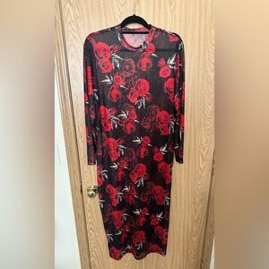 Elegant Red Rose Print Dress